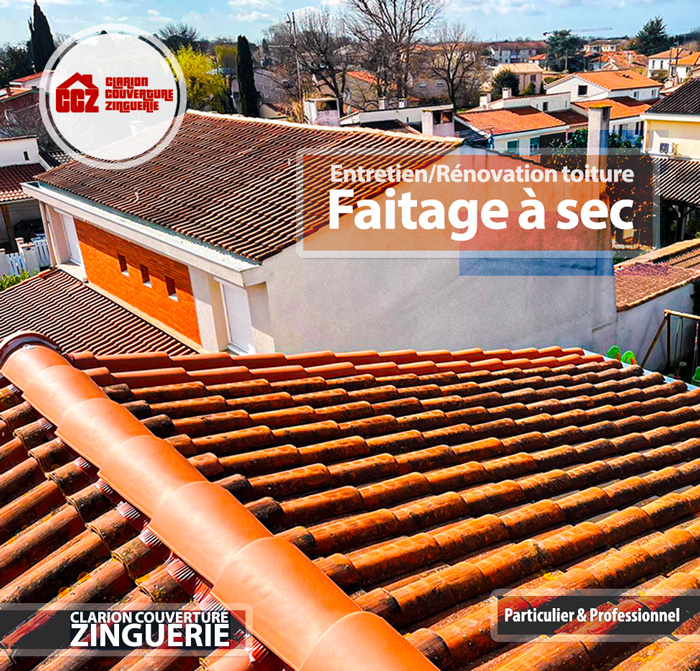 Faites appel à Clarion Couverture Zinguerie, couvreur zingueur pour la pose de votre faitage à sec sur votre toiture sur Colomiers, Cornebarrieu, Aussonne, Pibrac, Mondonville