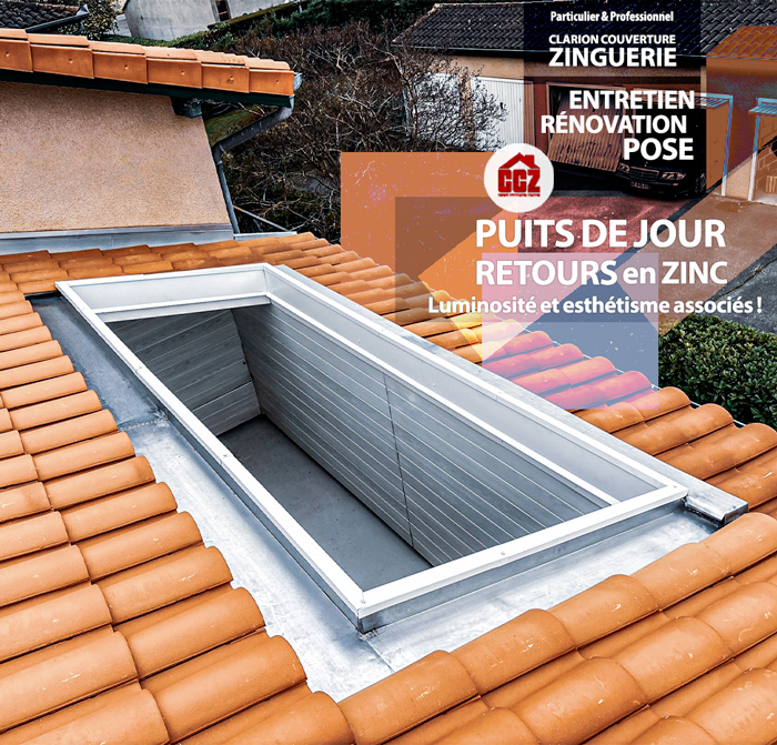 Puits de jour en zinc. Efficacité, sobriété technique, structurelle et esthétisme associés. Un résultat optimal pour protéger votre toiture et permettre à la luminosité de s'inviter naturellement chez vous ! Maison ou immeuble. Fenêtre de toit, retour de vélux - pose, rénovation, entretien. CCZ artisan couvreur zingueur sur Pibrac, Mondonville, Colomiers, Aussonne, Cornebarrieu