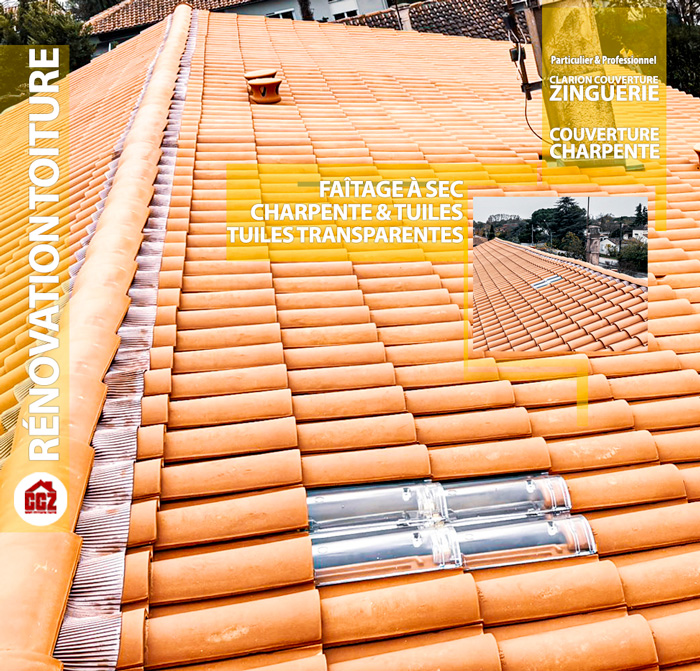 Le faîtage à sec a été rendu possible par le développement d’accessoires spécifiques dans la gamme de tuiles utilisées sur le toit : closoirs, tuiles sous faîtière et tuiles faîtières adaptées, fixées grâce à des crochets de fixation dédiés. L’ensemble est recouvert de tuiles faîtières en terre cuite. Les tuiles en terre cuite sont les plus répandues, et résistent naturellement aux conditions climatiques (pluies, neige, vents). Elles se déclinent en plusieurs formes (plate, canal, à emboîtement) et couleurs en fonction des régions.