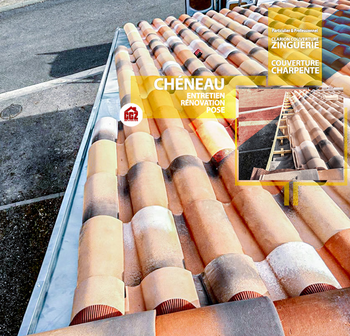 Chéneau (et/ou gouttière) avec CCZ Si par usage, on appelle un gouttière un chéneau, il faut faire une légère différence. La plupart des gouttières aujourd’hui sont suspendues et accrochées à votre toiture avec des crochets. Mais pour un artisan, ou dans un langage plus technique, le chéneau est un canal qui est posé directement sur le toit, à la base de la toiture ou entre deux versants.